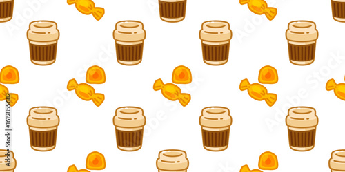 Seamless Coffee Candy Cup Pattern. Cartoon takeaway coffee cups with wrapped and unwrapped caramel candies. Flat seamless food pattern on white background.