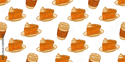 Seamless Pumpkin Pie Coffee Pattern. Pumpkin pie slices with whipped cream and takeaway coffee cups. Flat cartoon seamless pattern on white background.