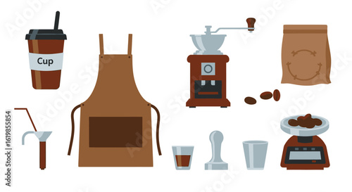 Illustration of coffee making equipment, including a grinder, apron, cup, scale, and bag of beans, arranged on a white background.