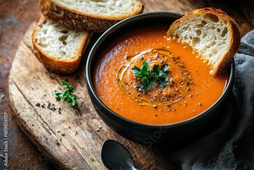 Creamy roasted tomato soup with toast