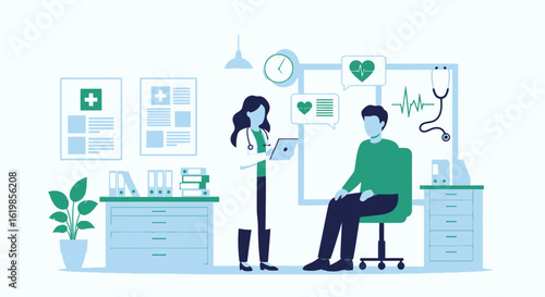 A doctor in a white coat uses a tablet while consulting with a seated patient in a medical office setting.