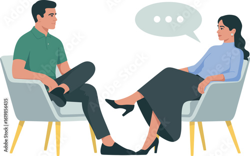 Illustration of a man and woman sitting in chairs facing each other with a speech bubble above her