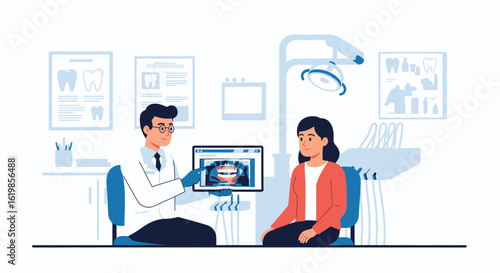 Dentist showing a patient their dental x-ray on a tablet in a modern clinic setting, explaining the results.