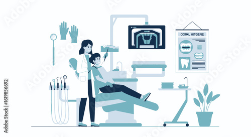 A dentist wearing a lab coat examines a patient sitting in a dental chair, with dental tools, x-ray, and hygiene chart visible.