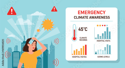 Illustration depicting a woman suffering from heatstroke due to climate change, with rising temperatures, hospital visits, and ozone levels shown in graphs.
