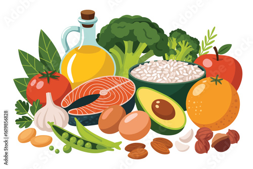 Healthy food assortment with salmon avocado broccoli and fruits
