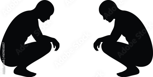 Two black silhouettes squatting facing each other