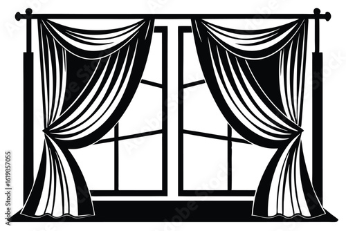 Silhouette of Window with Elegant Draped Curtains, Classic Interior Design Element