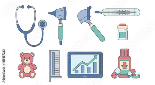 Illustration of medical equipment and health-related items including a stethoscope, otoscopes, thermometer, pills, syrup, blood pressure monitor, teddy bear, and a graph.