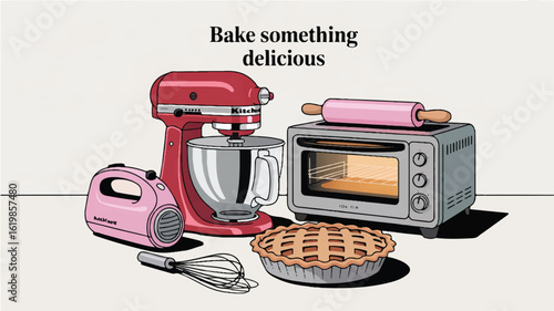 A digital illustration of baking and cooking items arranged on a white background. 