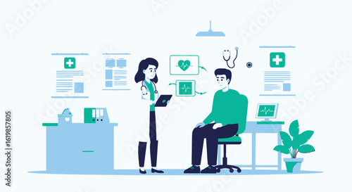 A female doctor in a white coat uses a tablet to examine a male patient sitting in a medical office.