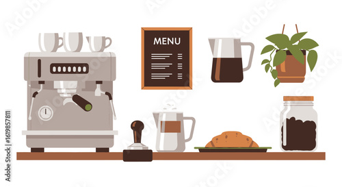 Illustration of a coffee shop counter featuring an espresso machine, cups, menu board, coffee, milk, croissant, plant, and coffee beans.