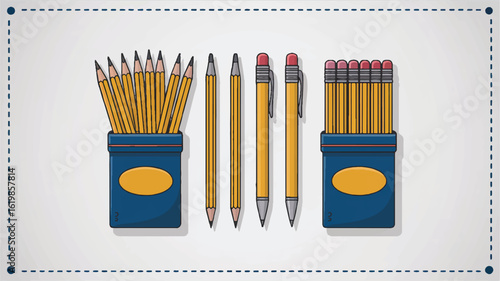 A digital illustration of writing implements arranged on a white background