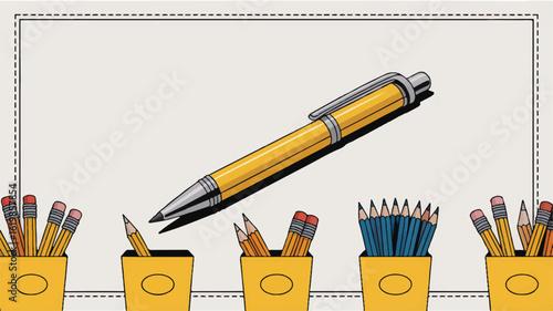 A digital illustration of writing implements arranged on a white background