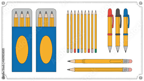 A digital illustration of writing implements arranged on a white background