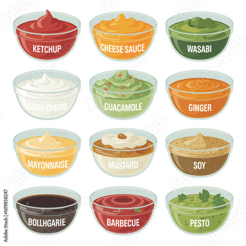 Collection of twelve delicious dipping sauces in clear glass bowls
