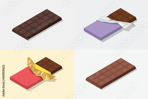 Four different chocolate bars in studio lighting with white and pastel backgrounds
