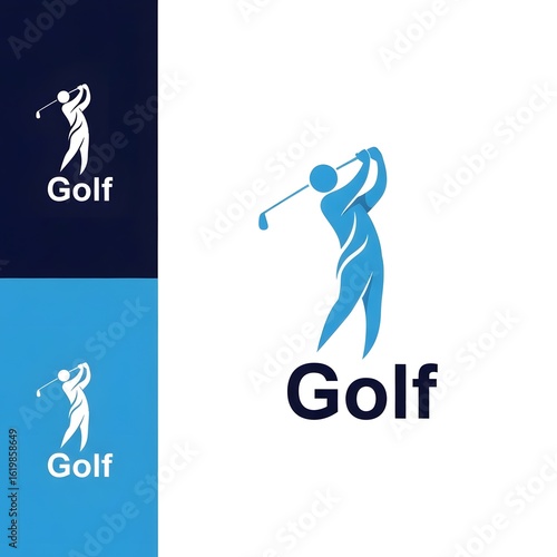 A stylized golfer swinging club logo design in blue and white color variations