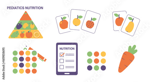 Illustration depicting pediatric nutrition with a food pyramid, fruit flashcards, a checklist on a tablet, and colorful dots representing healthy eating.
