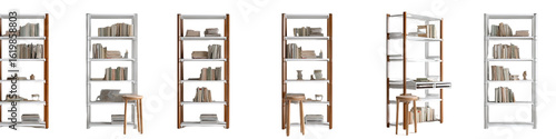 Multiple white and brown bookcases with open shelves