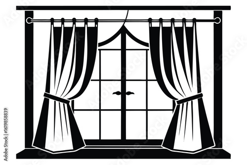Black & White Window with Curtains Pulled Aside, Featuring a DoubleHung Style