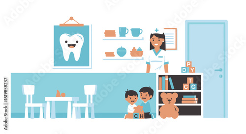 A dentist's office scene with a smiling dentist, two children, a teddy bear, and dental themed decorations.