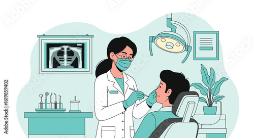 A dentist wearing a mask and gloves examines a patient in a dental chair under a surgical lamp, with dental tools and x-ray visible.