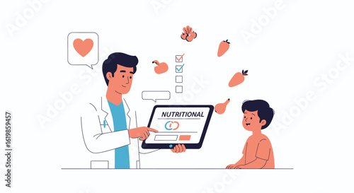 Doctor showing a child a nutritional plan on a tablet, with fruits and vegetables floating above, emphasizing healthy eating habits and healthcare.