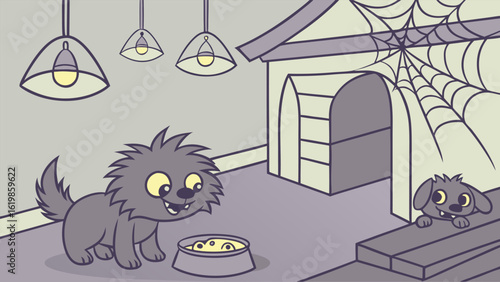Two adorable cartoon dogs enjoying a meal together outside a spooky doghouse decorated with a giant spiderweb