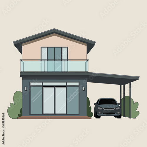 Modern two story house with attached carport and black sedan