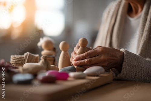 family constellations therapist's hands with small wooden figurines