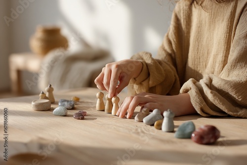 family constellations therapist's hands with small wooden figurines