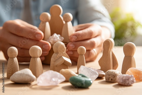 family constellations therapist's hands with small wooden figurines