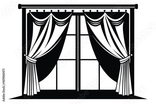 Intricate Black and White Window with Draped Curtains, Classic Interior Design Element