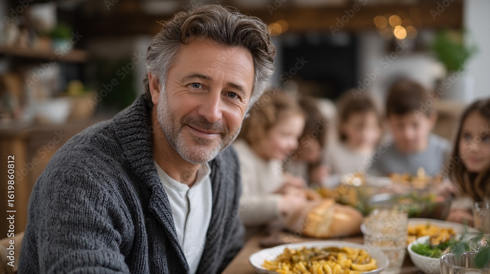 A smiling man enjoys a meal at a table surrounded by children, highlighting a warm and inviting family atmosphere. A smiling man enjoys a meal at a table surrounded by children, highlighting a warm and inviting family atmosphere.