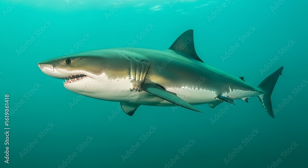 Fototapeta premium Majestic Great White Shark in Turquoise Ocean Depths