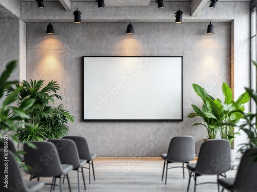a large projection screen,modern gray chairs,potted plants,track lighting,clean industrial interior
