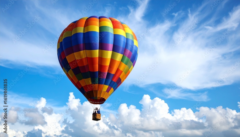 Fototapeta premium Colorful hot air balloon with striped envelope floating in clear sky with scattered clouds.