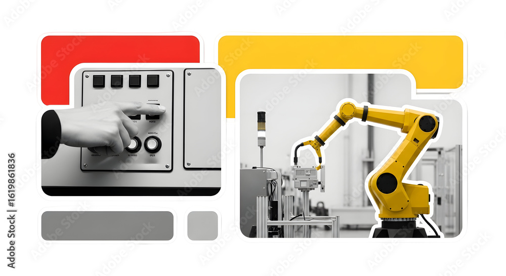 Fototapeta premium Automated Future: Robotic Arm and Hand Turning Switch in Advanced Manufacturing Facility.