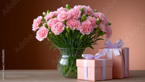 Wallpaper Mural Heartwarming Mother’s Day scene featuring carnations, decorative gift boxes, satin bows, and handwritten greeting on soft gradient background for floral advertising and seasonal visuals Torontodigital.ca