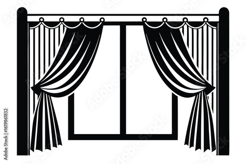 Black and White Illustration of a Window with Drapes and Curtain Rod Artwork