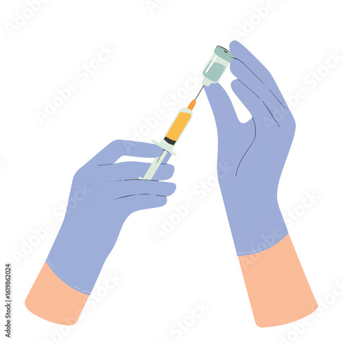 Illustration of two gloved hands drawing liquid into a syringe from a small glass vial with a needle