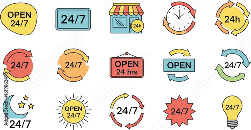 Discover 24/7 open business icons for constant availability and service