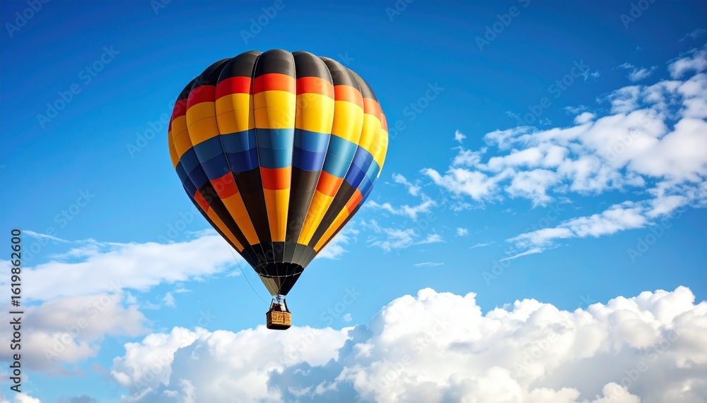 Fototapeta premium Colorful hot air balloon with striped envelope floating in clear sky with scattered clouds.