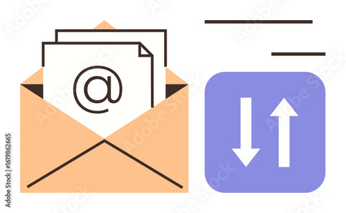 Open envelope with papers marked with an sign beside up and down arrows block. Ideal for email, technology, messaging, communication, data exchange, cloud storage, business. Simple flat metaphor
