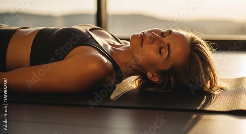 Woman resting peacefully on yoga mat after exercise session