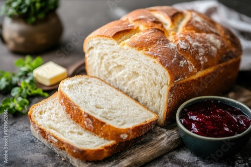 Holiday bread loaf with butter and jam