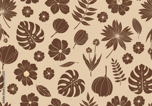 An elegant, batik-style seamless pattern showcases various tropical leaves and flowers in a sophisticated two-tone design of warm brown on a beige background.
