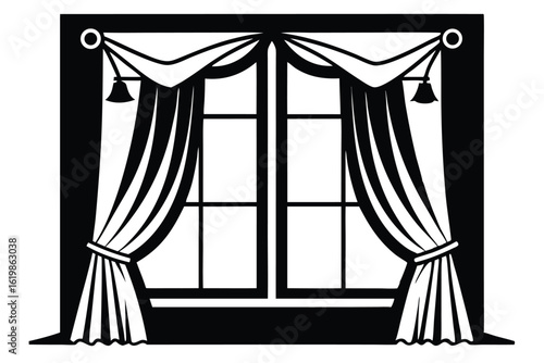 Black and White Window Silhouette with Curtains and Decorative Tassels Design
