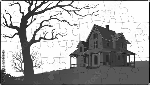 A spooky unfinished jigsaw puzzle depicts a silhouette of a haunted house on a hill next to a bare gnarled tree under a cloudy sky